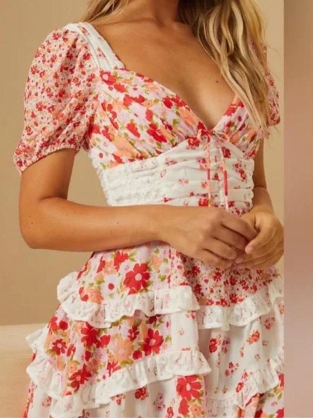 Floral Puff-Sleeve Midi Dress - White with Pink & Red Flowers